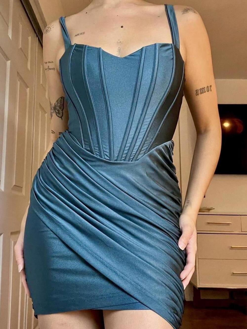 H:ours teal mini dress with corset style top and bodycon fit